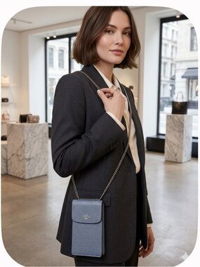 Coach Blue Textured Leather Phone Crossbody with Silver Chain